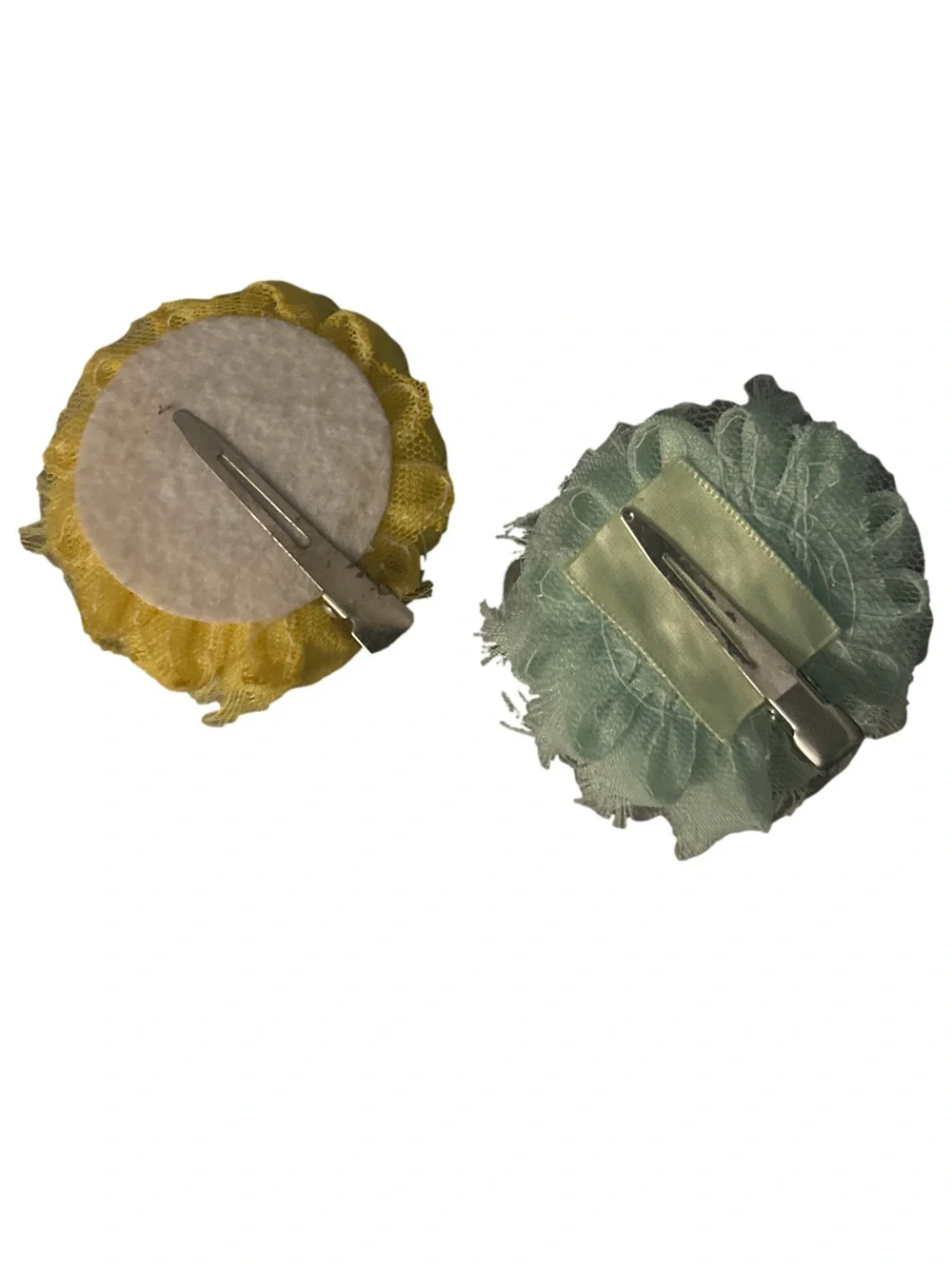 Fabric Rosette Pair Hair Clips - Yellow and Mint